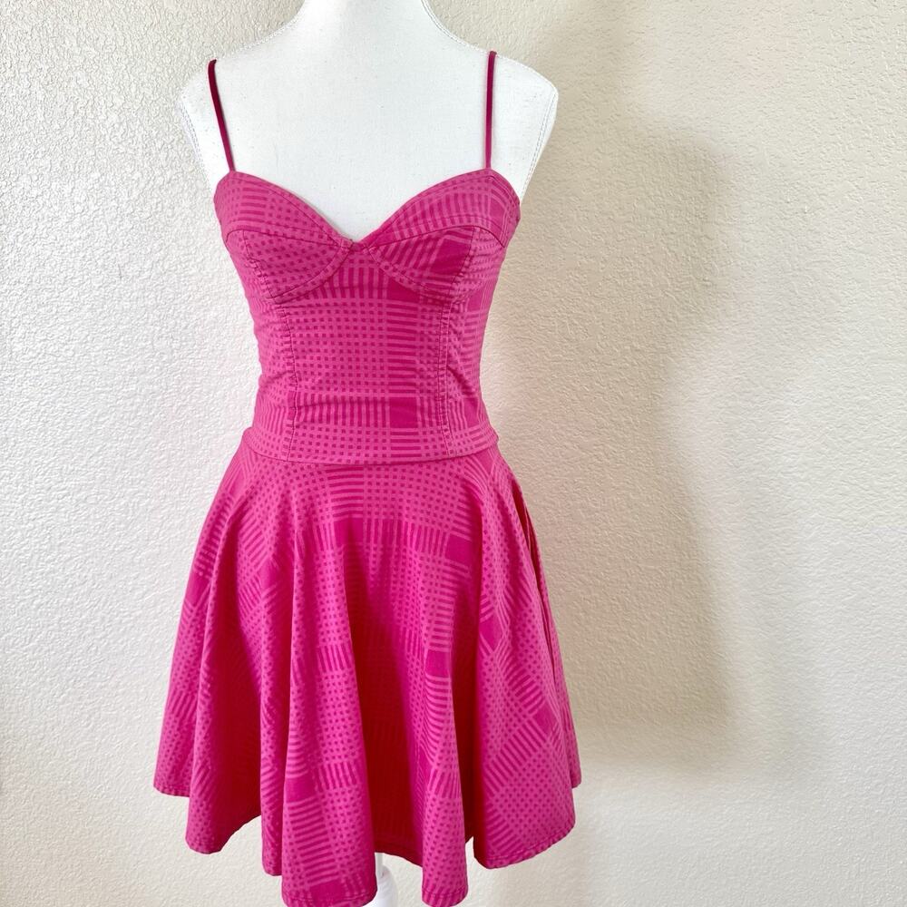 MONROW XS Hot Pink Plaid Bustier Fit Flare Mini Dress Spaghetti Strap Fitted
